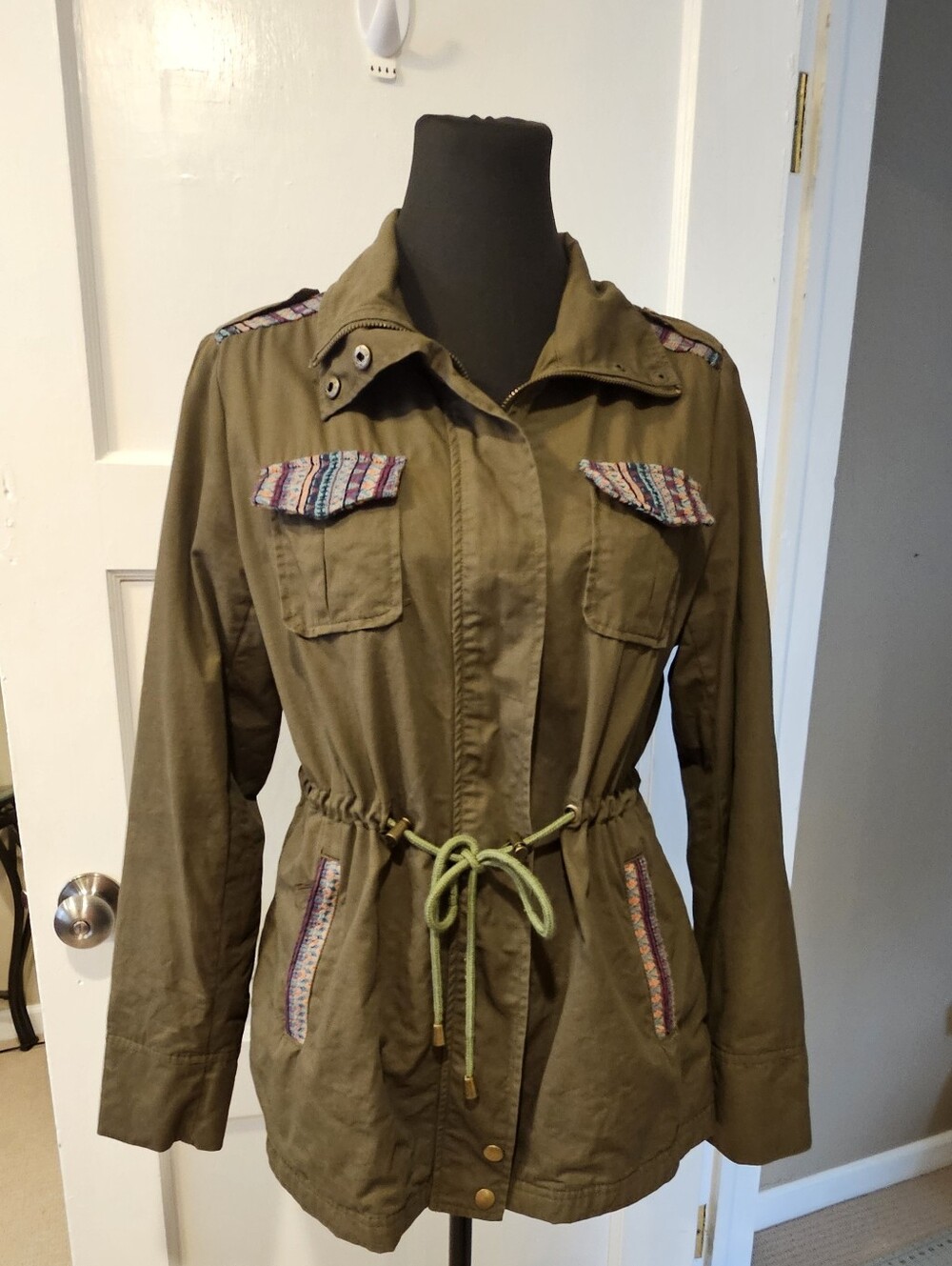 Crescent Olive Utility Jacket with Tribal Trim